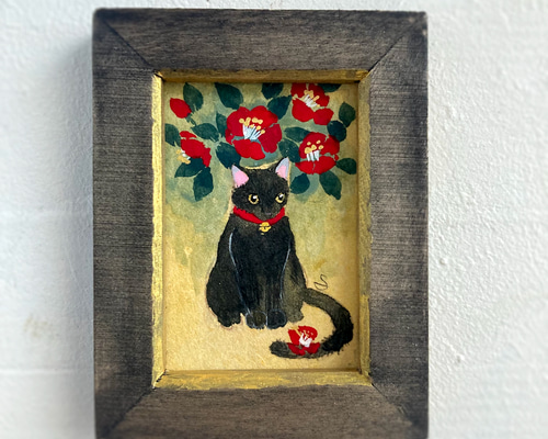 椿と黒猫④」 オリジナルフレーム入り /原画 猫の日2025 日本画 絵
