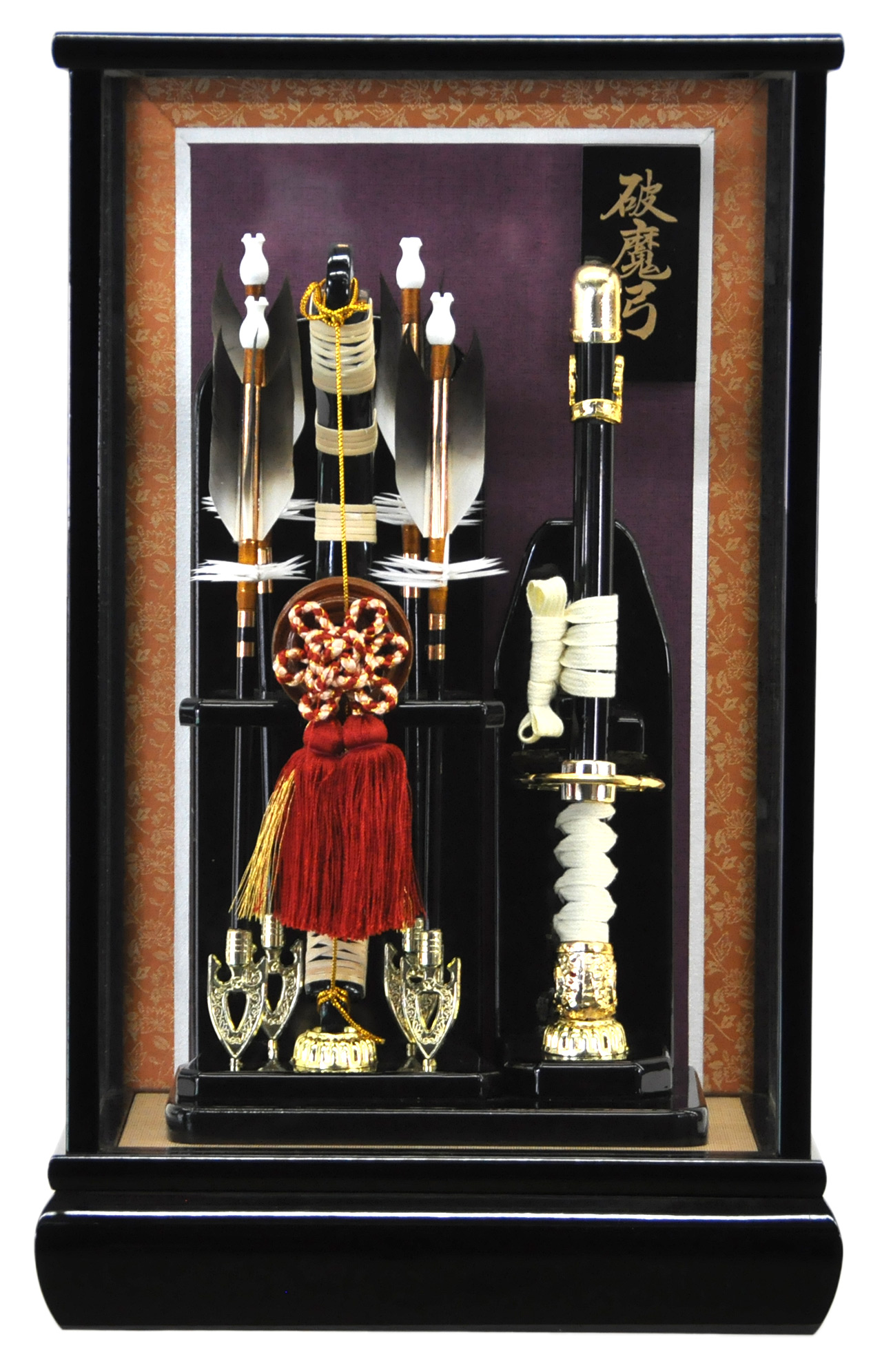 破魔弓ケース入り飾りセット【A1351】 重厚感ある黒塗り木製ガラス