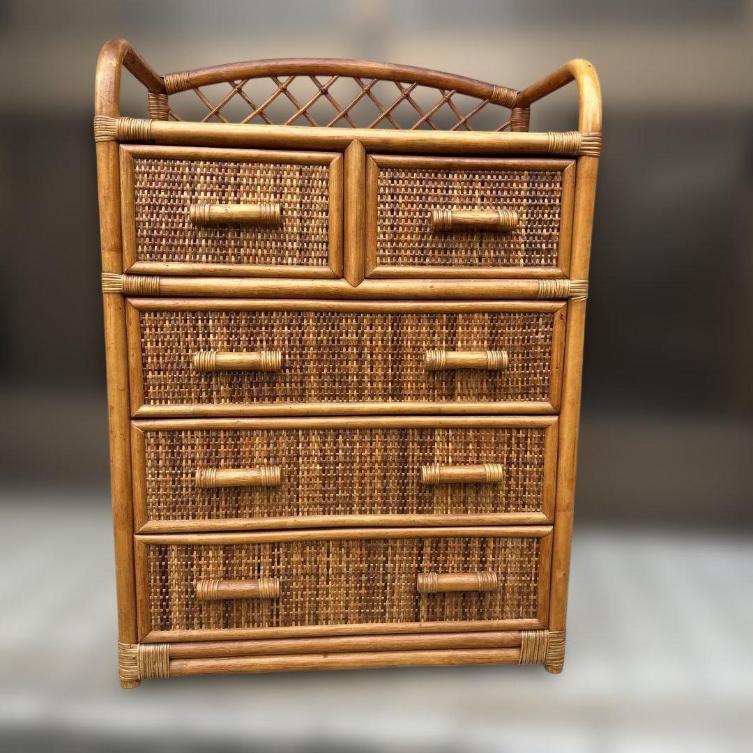 【昭和レトロ】ラタン４段チェスト　木製ラック箪笥　電話台 昭和レトロ ラタンチェスト 4段 引き出し箪笥 古家具 ビンテージ