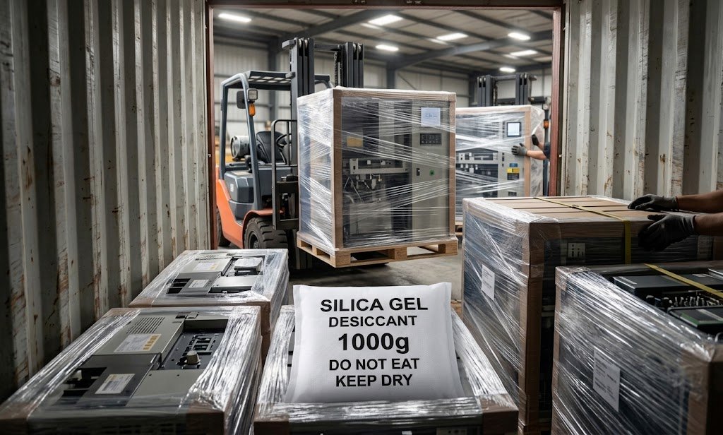 1000g silica gel bag placed inside shipping container for export cargo protection